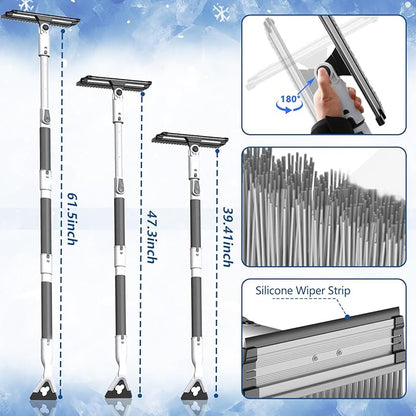 Extra Long 61.5" Ice Scrapers for Car Windshield, Extendable Snow Shovel and Snow Brush for Trucks with 180° Pivoting Brush Head, Portable Winter Snows Removal Tools for Trucks Cars SUVs Vehicle