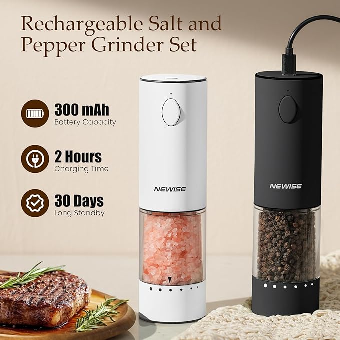 Rechargeable Electric Salt and Pepper Grinder Set, Adjustable Coarseness & LED Light, Stainless Steel Battery-Free Mill, Large Capacity, Gift Idea for Cooking - Black/White