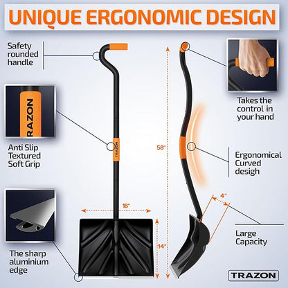 Snow Shovel Heavy Duty for Driveway with Ergonomic Handle to Use Without Backpain for Home Garage Car - Snow Shovel with 18 Inch Blade Large Capacity and 58 Inch Long Ergonomic Handle (Black)