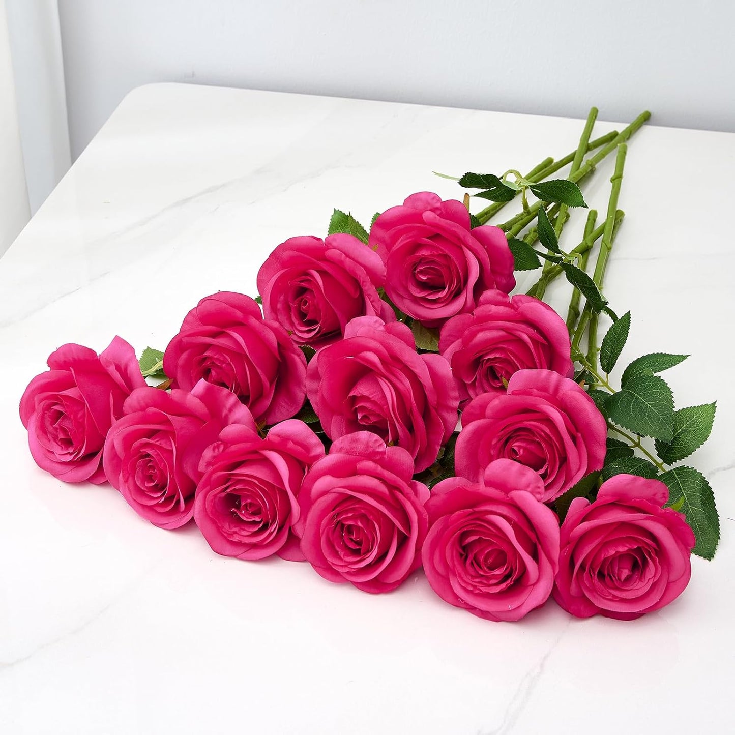 12PC Hot Pink Roses Artificial Flowers Fake Roses Silk Roses Flowers with Long Stems for Wedding Home Party Centerpieces Decorations