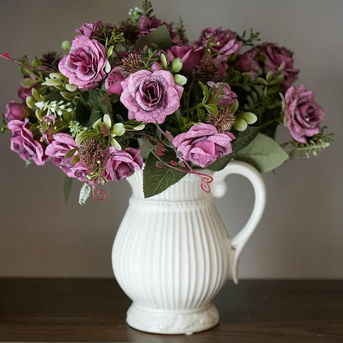 3 Bundles Fall Artificial Flowers Bouquet, Autumn Fake Roses Bouquet Faux Fall Floral Arrangements for Centerpiece Table Wedding Party Home Decor (Purple Rose Red)