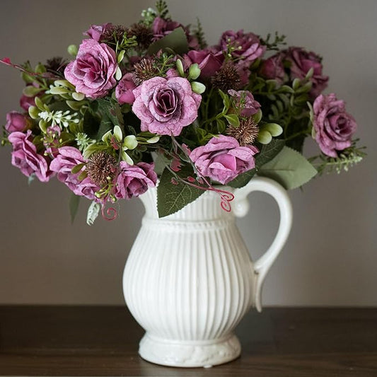 3 Bundles Fall Artificial Flowers Bouquet, Autumn Fake Roses Bouquet Faux Fall Floral Arrangements for Centerpiece Table Wedding Party Home Decor (Purple Rose Red)