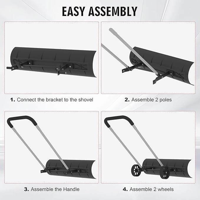 Snow Shovel with Wheels for Driveway, Snow Pusher Shovel with Adjustable Handle, Snow Plow Shovel with Large 37.4” x 9.8” Adjustable Angle Blade for Yards, Sidewalks, Decks, Job Site and Office