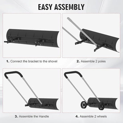 Snow Shovel with Wheels for Driveway, Snow Pusher Shovel with Adjustable Handle, Snow Plow Shovel with Large 37.4” x 9.8” Adjustable Angle Blade for Yards, Sidewalks, Decks, Job Site and Office