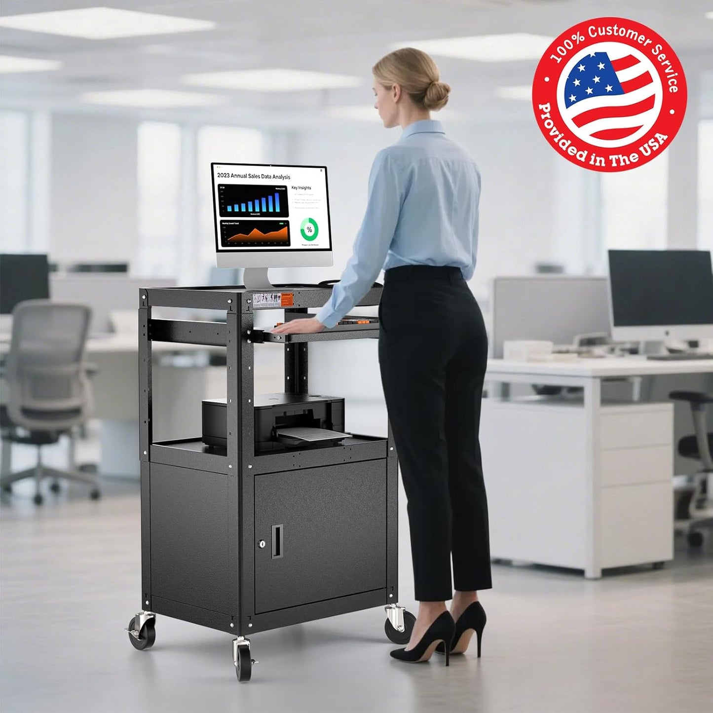 Steel Large AV Cart with Locking Cabinet - Adjustable Height Media Carts with Wheels, Pullout Tray, Power Strip for Mobile Work Station - Rolling Computer Cart for Office Classroom Presentation