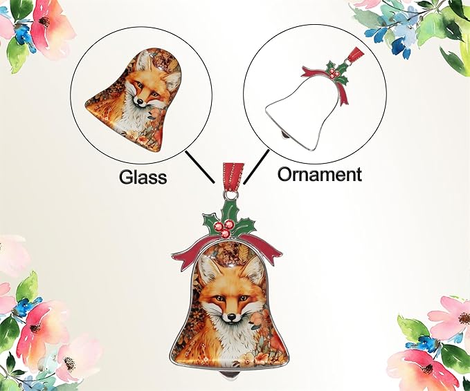 Christmas Ornament Bell Pendant Decorative Metal Glass Hanging Christmas Bell Ornaments for Home Decoration Party Decor (Flower Cute Fox)