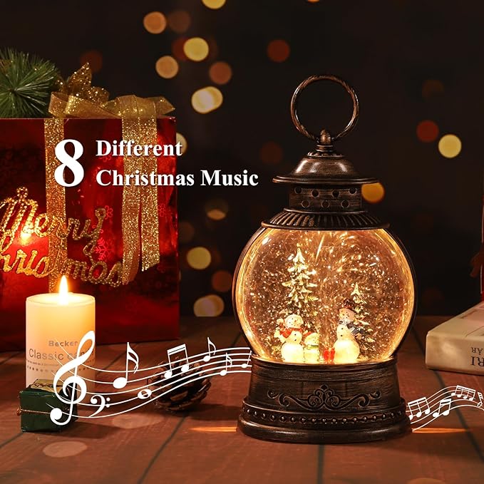 Christmas Snow Globes,Glitter Swirling Musical Box Christmass Snowman with 8 Songs & 6H Timer, Battery Operated & USB Powered Christmas Lanterns for Indoor Holiday Table Party Gifts