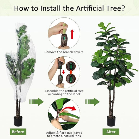 Fiddle Leaf Fig Tree Artificial Plants Indoor - 6ft Realistic Fake Plants Ficus Lyrata Trees, Faux Trees Indoor Floor Plant for Home Decor Living Room Office Christmas Housewarming Gifts