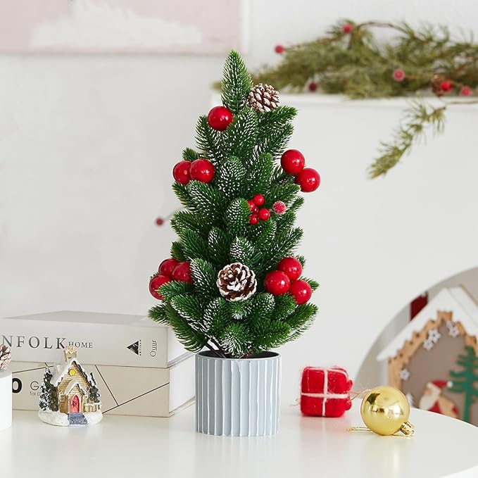 Classic Small Christmas Tree Table Decor - Mini Tabletop Artificial Tree Indoor Christmas Holiday Centerpiece for Desktop Home Office Bedroom Decor Gift(Red Pine)