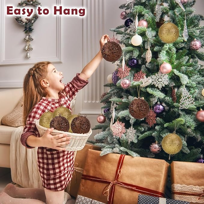 4" Large Christmas Balls Ornaments 6 Pcs Shatterproof Big Bronze Christmas Ornaments for Tree Bulk Glitter Big Xmas Tree Ornament for Xmas Halloween Holiday Wedding Party Decoration