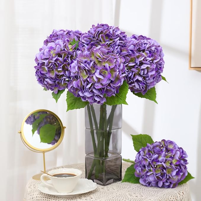 Nubry 22.44In Purple Hydrangea Artificial Flowers,4Pcs Latex Faux Real Touch Large Hydrangea Flowers with Long Stems & Leaves for Home Office Decor Wedding Party Arrangements(Purple)