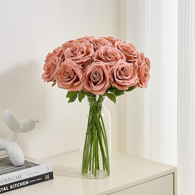 15pcs Fake Roses Light Dusty Rose Artificial Silk Flowers Faux Rose Flower Long Stems Bouquet for Arrangement Wedding Centerpiece Party Home Kitchen Decor