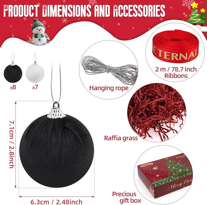 Woration 15pcs 2.36inch Velvet Christmas Ornaments Balls Set Xmas Tree Hanging Decoration Shatterproof Balls for Home Party Holiday (White, Black)