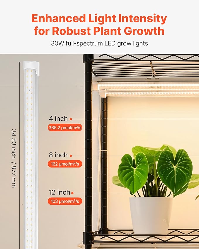 VEVOR Indoor Greenhouse with Grow Light, 59 in Tall 4-Tier Plant Stand with Clear Cover, Timer & Hygrometer, 180W Full Spectrum Grow Lights, Metal Lighted Plants Shelf Holder for Indoor Plants
