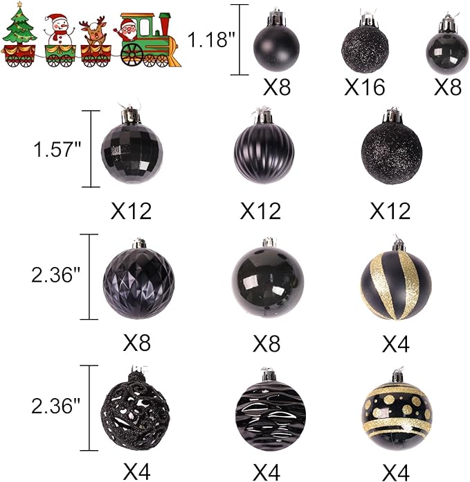 100PCS Christmas Ball Ornaments, Assorted Shatterproof Christmas Tree Decorations, Seasonal Decorative Hanging Baubles Decor Set for Xmas/Holiday/Party, Glitter&Painting Ornament Set (Black Gold)