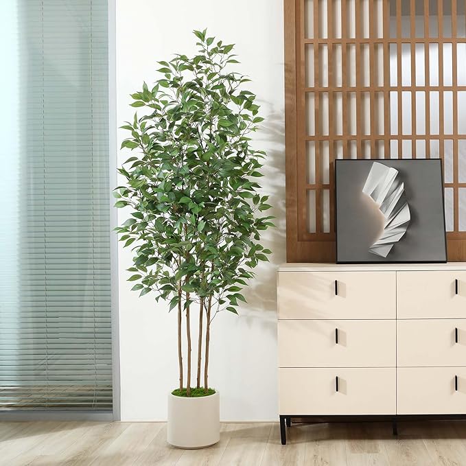 Ficus Artificial Tree 7ft Fake Silk Plant for Home Decor Indoor, Faux Tree in White Imitation Ceramic Planter Fake Floor Plant for Living Room and Home Office Corner Indoor Decor, Set of 1