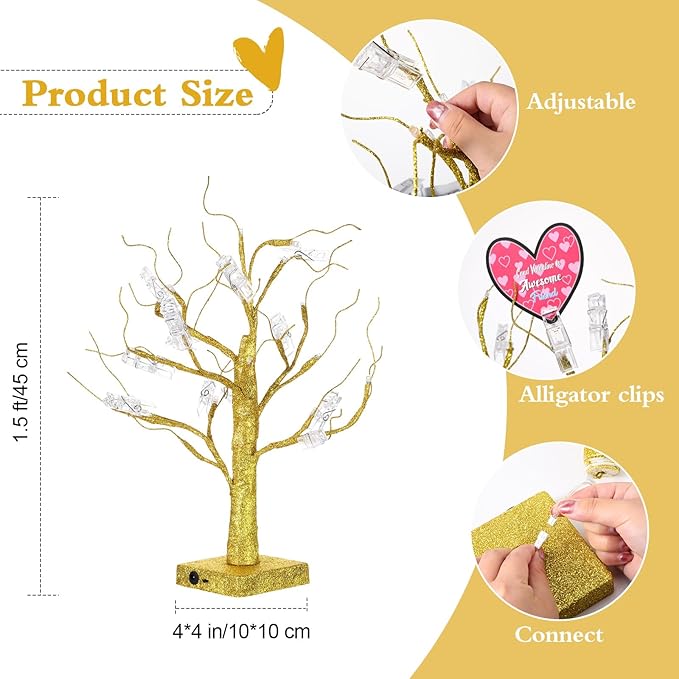 Mudder Money Holder Tree Present Card Holder with 12 Clear Clips LED Birch Twig Lights Tabletop Display Tree for Christmas, Valentines, Memo, Photo, Wedding(Vivid Style,Gold, Warm White)