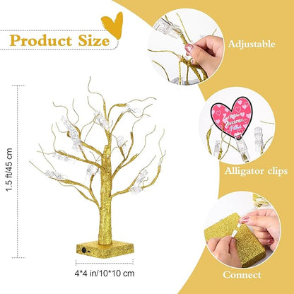 Mudder Money Holder Tree Present Card Holder with 12 Clear Clips LED Birch Twig Lights Tabletop Display Tree for Christmas, Valentines, Memo, Photo, Wedding(Vivid Style,Gold, Warm White)