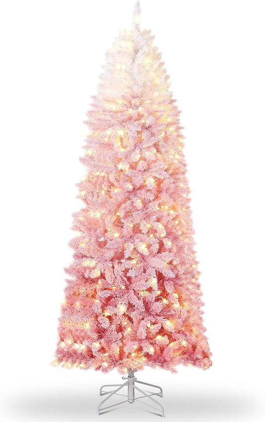 GAOMON 9Ft Snow Flocked Pencil Christmas Tree, Slim Artificial Christmas Tree with Sturdy Metal Stand, Skinny Xmas Tree Holiday Decoration for Home, Office, Pink Gradient