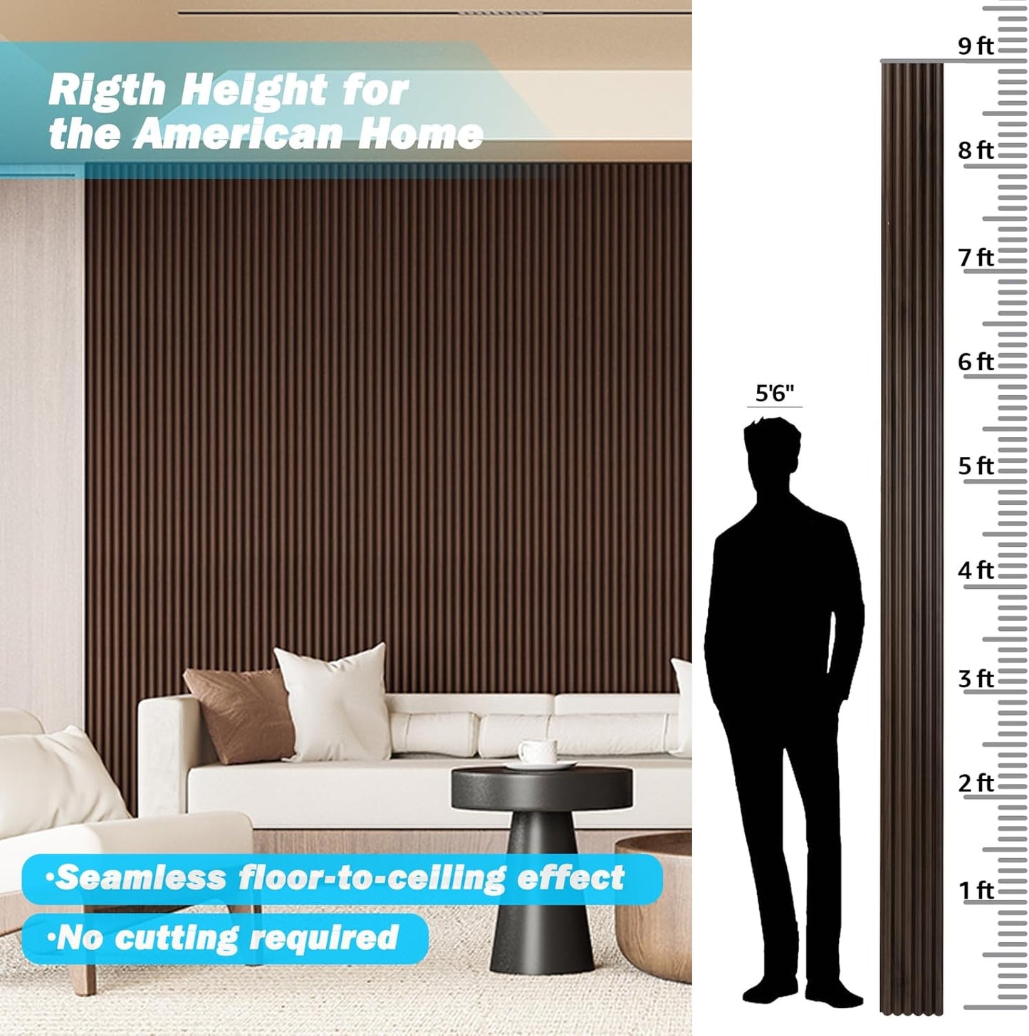 Art3d Fluted Wood Panel for Wall and Ceiling, Beaded Accent molding for Home Decoration, Pack of 4pcs + 1pc End-Trim, Size 108 x 5.7in.- Beaded Smoked Oak