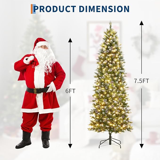 GarveeHome 7.5 ft Pencil Christmas Tree,Artificial Pre-Lit Slim Christmas Tree,Realistic Xmas Tree Artificial Holiday Decoration for Indoor and Outdoor Use
