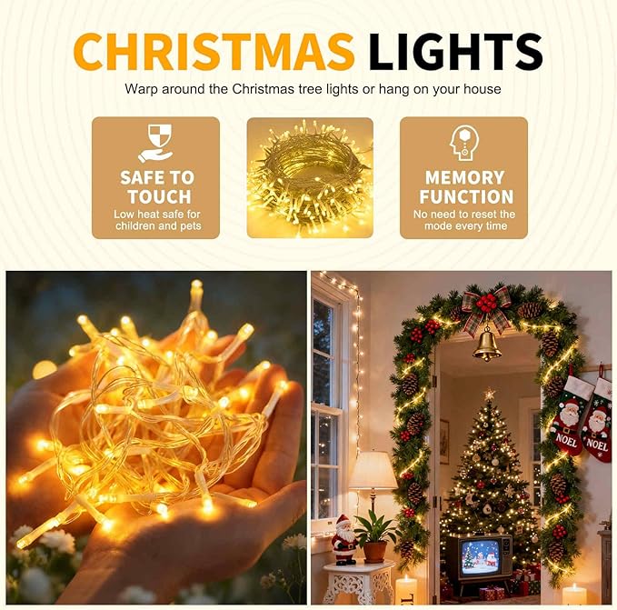 200 LED Christmas Lights 66 ft Christmas Tree Lights 8 Modes Plug-in with Memory Function White String Light for Bedroom Xmas Tree Wreath Patio Party Spring Outdoor Decorations