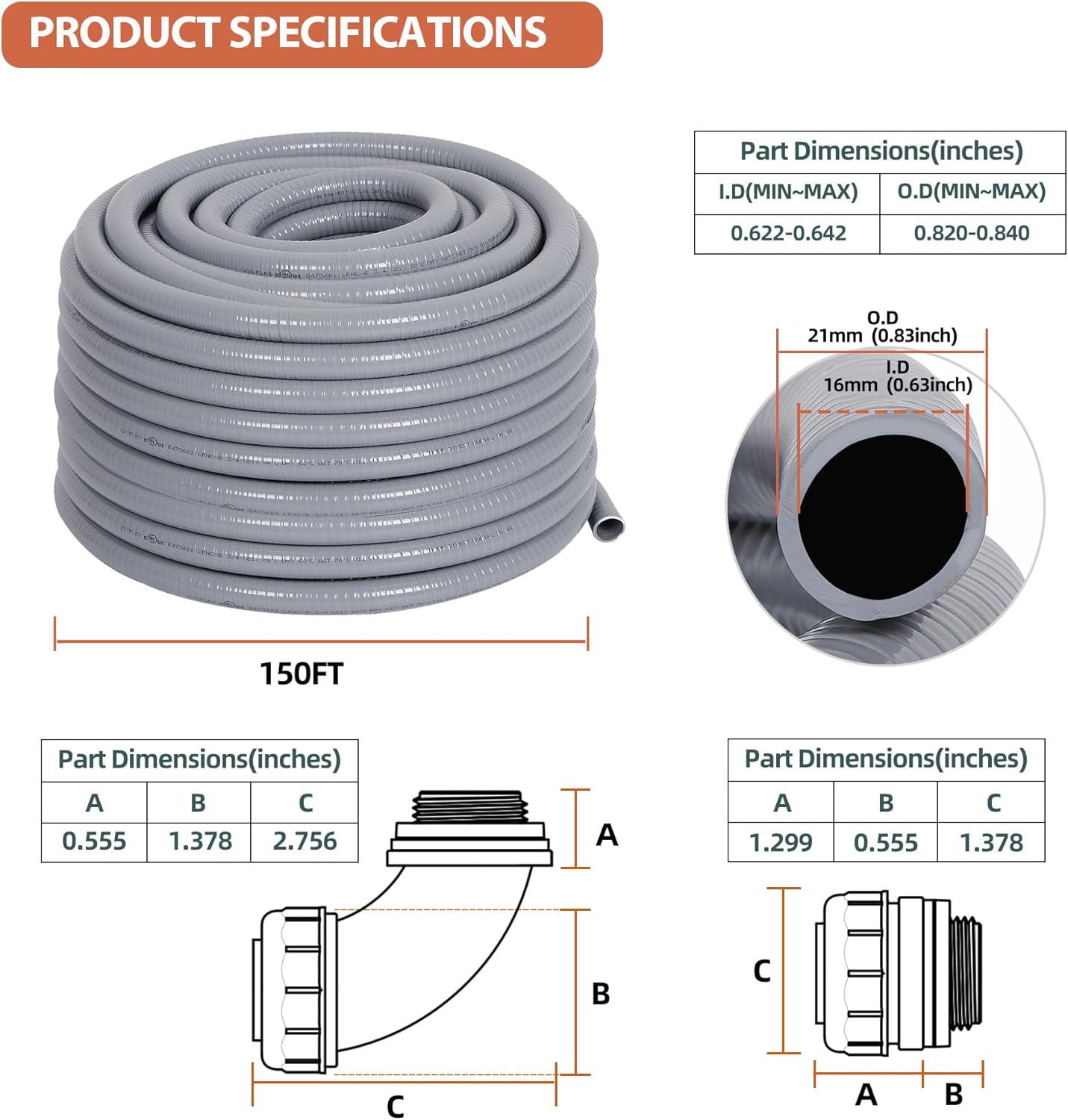Liquid-Tight Conduit and Connector Kit 1/2inch 150ft, Flexible Non Metallic Liquid Tight Electrical Conduit w/UL Certification, Electrical Conduit Kit with 5 Straight, 5 Angle Fittings