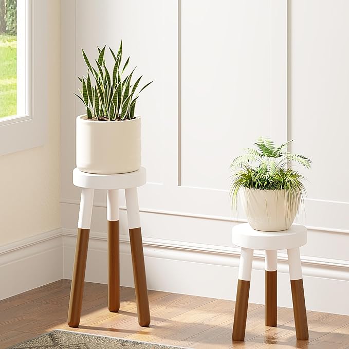 Reverse Dipped Wood Plant Stand, Wood Accent Stool,Milking Stool Set (16" H x 12" D+18" H x 12" D)