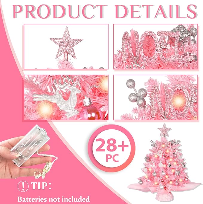 Wangchao Craft 20" Mini Pink Christmas Tree, Artificial Small Table Top Warm Lights, Star Treetop and Ornaments, Tabletop Christmas Tree for DIY Pink Christmas Decoration Gifts