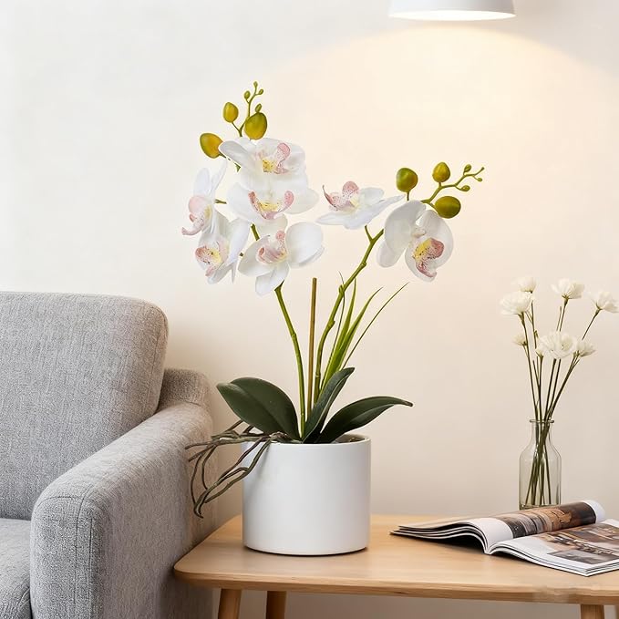 Jusdreen Artificial White Orchid in Ceramic Pot, Realistic Phalaenopsis Arrangement with Potting for Home Office Table Decor, 14.5 Inch Flower Centerpiece