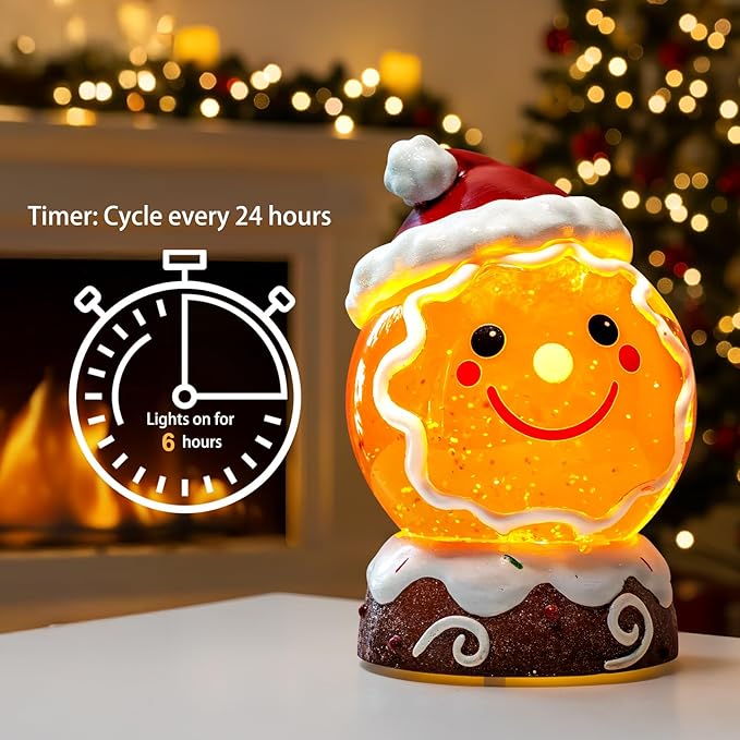 Christmas Music Snowglobe Water Lantern Gingerbread Man Smiling Wind Lantern with Christmas Hat Decoration Table Centerpiece Used for Home PartyDecoration, USB Wired Festival Gift