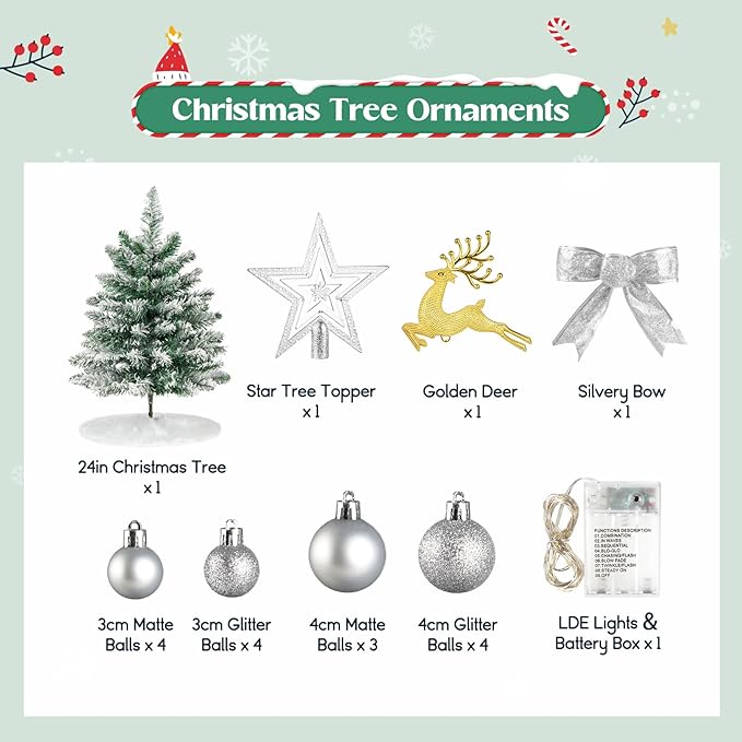 N&T NIETING 24 Inch Small Christmas Tree with Lights, Mini Flocked Christmas Tree Set, 2FT Table Top Artificial Christmas Trees with Ornaments, Little Xmas Tree for Holiday DIY Christmas Decoration