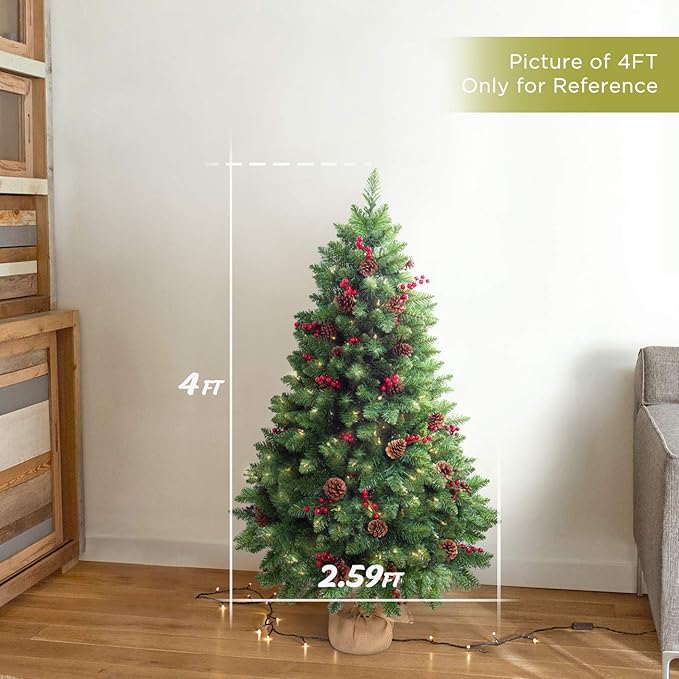 4FT Prelit Christmas Tree, Artificial Tabletop Xmas Tree, Small Christmas Tree Pre-Decorated with Pinecones and Berries (150 Clear Warm Lights and Realistic 380 Thicken Tips, Cloth Bag Base)