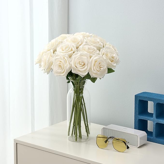 15pcs Ivory Roses Artificial Flowers Silk Fake Flowers Realistic White Roses Bouquet Long Stem for Wedding Home Party Birthday Decoration