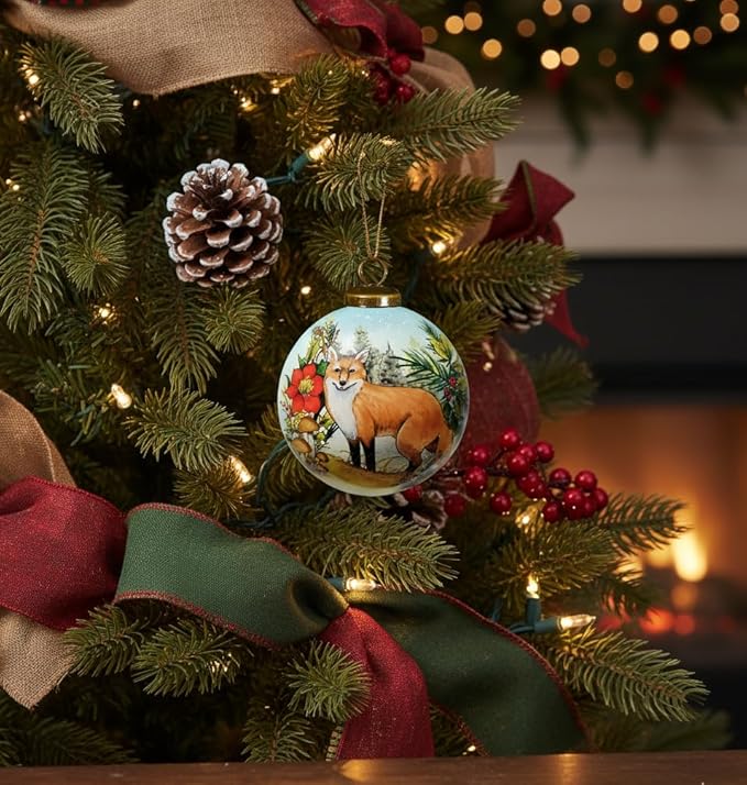 Fox Christmas Ornament – Hand-Painted Glass Fox Ornament for Christmas Tree – Woodland Animal Holiday Decoration – Cute Fox Gift Christmas Décor