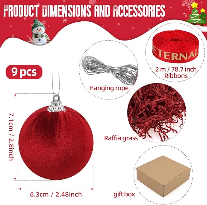 Woration 9pcs Red Velvet Christmas Hanging Ornaments Balls Set 2.36inch Garlands Xmas Tree DIY Decoration Hanging Plastic Balls for Holiday Wedding
