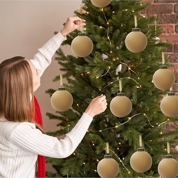 12 Pcs Velvet Christmas Balls Bulk Shatterproof Plastic Christmas Tree Decorations for Decorative Hanging Baubles (12, Khaki, 2.36Inch)