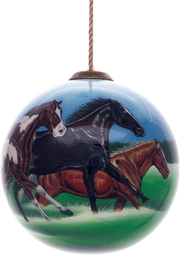 Running Horse Christmas Ornament – Hand-Painted Glass Horse Ornament for Christmas Tree – Black, Brown & Pinto Horses in Motion – Horse Ornaments for Equestrian Holiday Decor