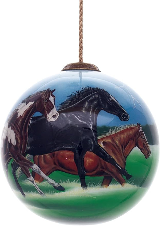 Running Horse Christmas Ornament – Hand-Painted Glass Horse Ornament for Christmas Tree – Black, Brown & Pinto Horses in Motion – Horse Ornaments for Equestrian Holiday Decor