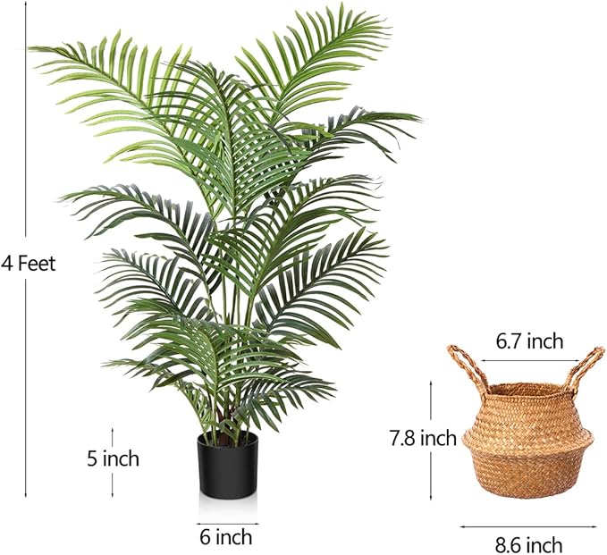 LOMANTO Fake Majesty Palm Plant 4Ft Artificial Plants for Home Decor Indoor Faux Palm Trees in Pot Fake Tropical Plants for Housewarming Gift 1Pack