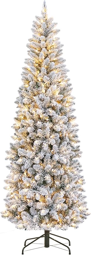 GarveeHome 12 ft Pencil Christmas Tree, Pre-Lit Frosted Artificial Tree, Skinny Xmas Trees Holiday Decoration, with LED Light and Metal Base