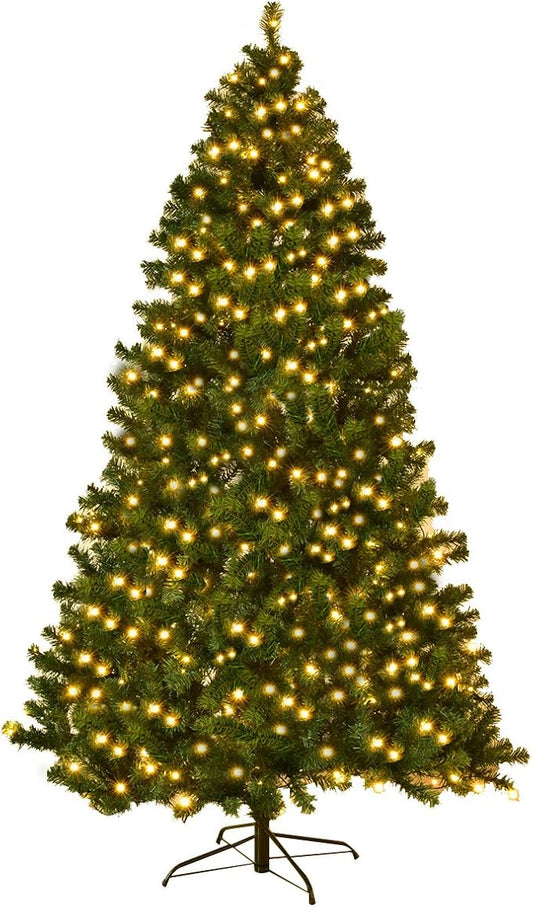 HAPPYGRILL 8FT Pre-lit Christmas Tree Artificial Hinged Xmas Tree for Home Holiday Décor, Metal Stand PVC Material 430 LED Lights, 1438 Branches Easy Setup & Storage