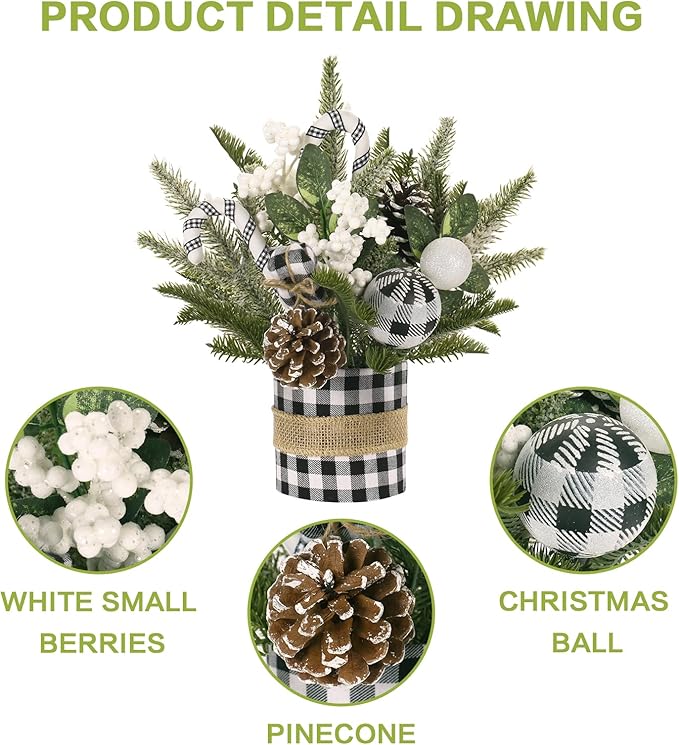 Super Holiday Small Winter Buffalo Check Plaid Christmas Tree, Artificial Mini Tabletop Christmas Tree Decorations with Xmas Ornaments, for Home Party Thankgivings Decor, Black/White-Indoor
