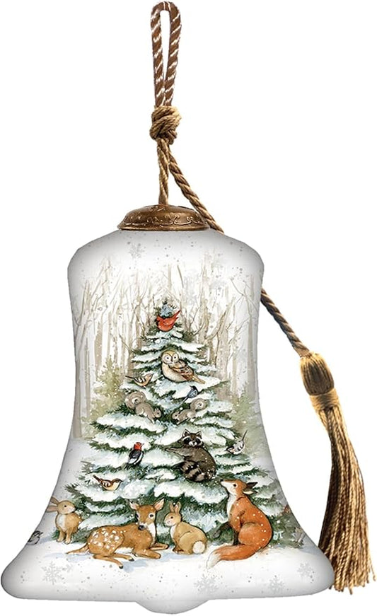 Hand-Painted Woodland Animal Christmas Bell Ornament – Reverse Painted Glass with Deer, Fox, Owl, Rabbits & Cardinal – Collectible Holiday Ornament with Gift Box