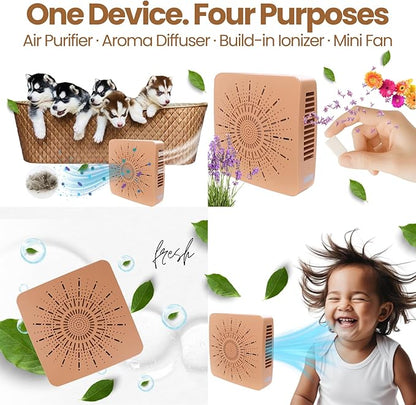 4-in-1 Portable Air Purifier HEPA Filter, Aroma, Ionizer & Mini Fan – USB-C Desktop Air Cleaner for Smoke, Pollen, Dander, Odors – 5 Colors for Bedroom, Office, Baby, Pets, Travel (Warm Beige)