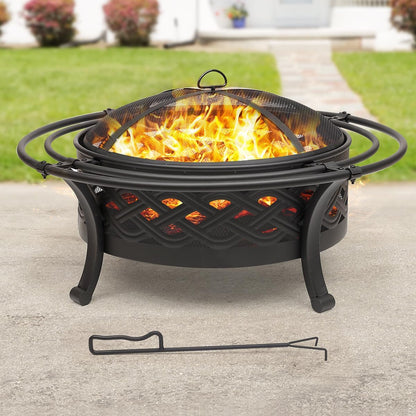36 Inch Fire Pit with 2 Loops,Crossweave Wood Burning Fire Pits for Outside,with Spark Screen,Fire Poker,Round Outdoor Firepit for Patio,Yard,Garden,Camping,Bonfire(36''Black)