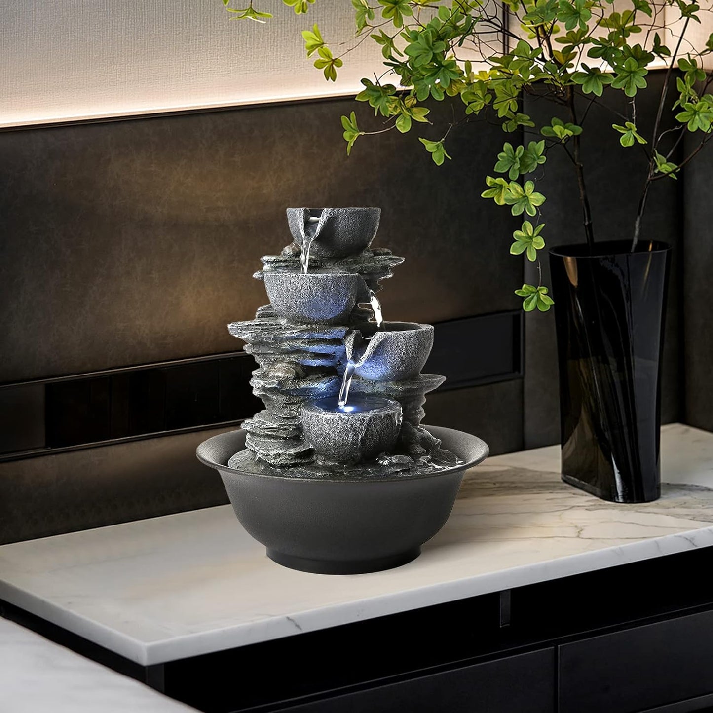 WICHEMI Indoor Water Fountain Tabletop Fountains Waterfall Fountain Indoor Water Feature Feng Shui Zen Meditation Cascading Desktop Fountains with LED Light for Home Office Indoor Decor (Style 15)