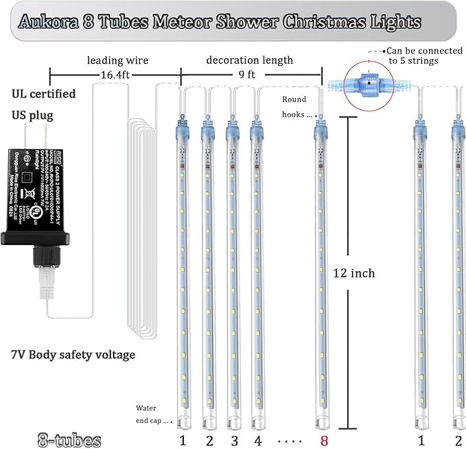 Aukora Christmas String Lights Outdoor, LED Meteor Shower Light 11.8 inch 8 Tubes 192leds, Icicle Snow Falling Lights for Xmas Tree Wedding Party Holiday Garden Thanksgiving Decoration (White)