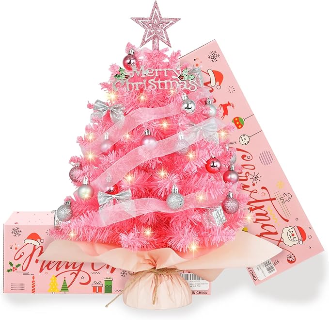 20" Mini Pink Christmas Tree, Artificial Small Christmas Tree with Lights, Tabletop Christmas Tree with Star Treetop,Bow Boxes and Ball Ornaments for DIY Christmas Decoration (Pink)