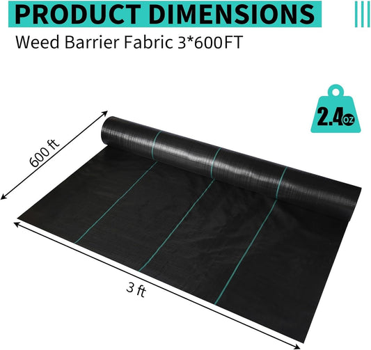 3 x 600 FT Weed Barrier Fabric,2.4 OZ Landscape Fabric,Heavy Duty PP Ground Cover for Gardening,Farming